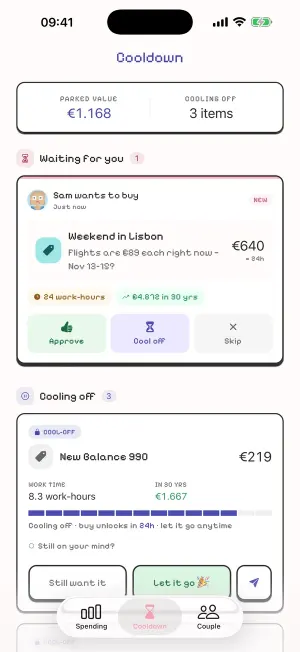 Cartsnooze Cooldown tab: Sam wants to buy a €640 weekend in Lisbon, with Approve, Cool off and Skip buttons
