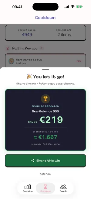 Cartsnooze win card: impulse defeated, €219 saved on New Balance 990, about €1,667 in 30 years