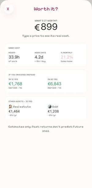 Cartsnooze Worth it screen: €899 equals 33.9 hours of work, €1,768 in 10 years and €6,843 in 30 years if invested